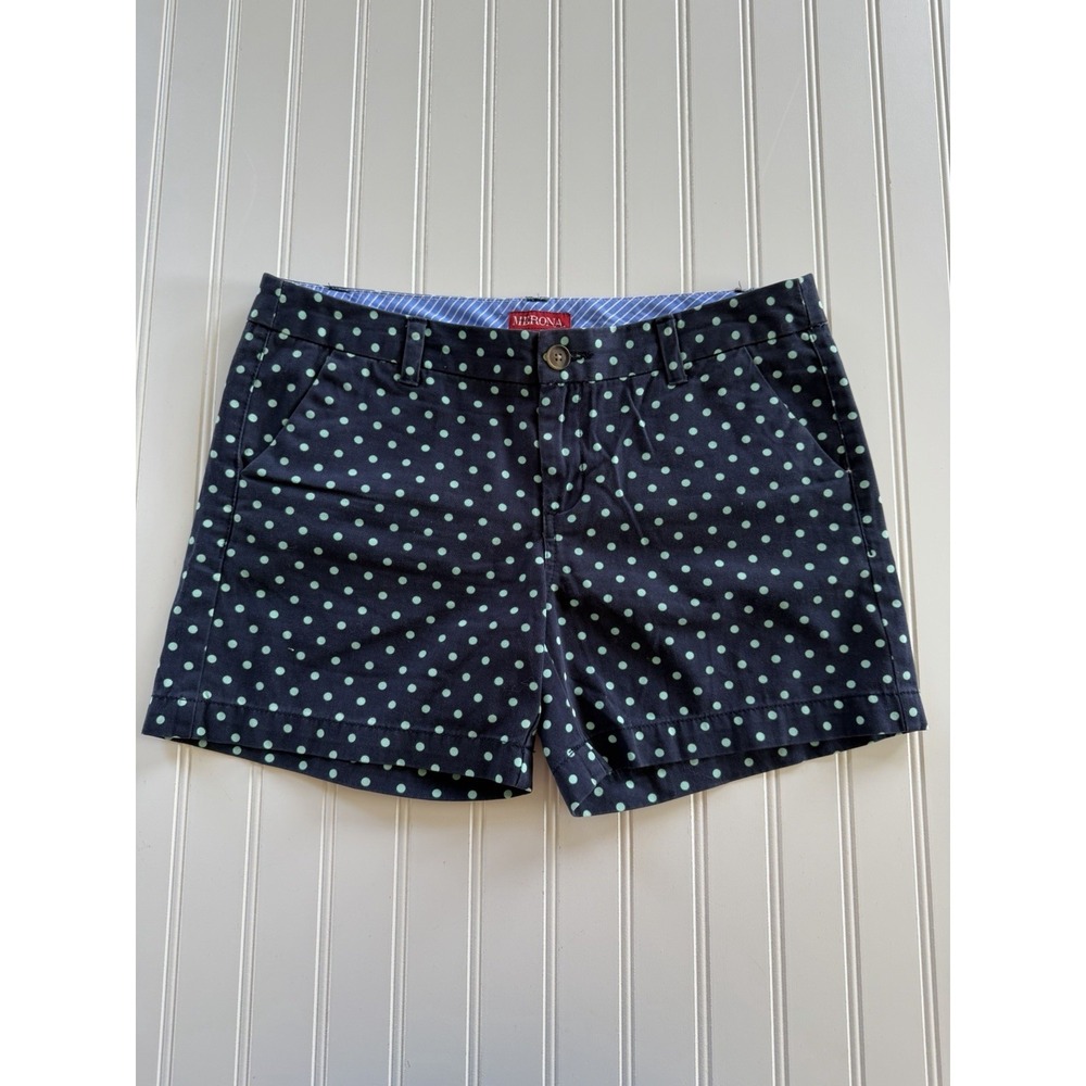 Merona Womens Shorts 6 Navy Teal Polka Dot Flat Front Cotton Mid Rise Casual